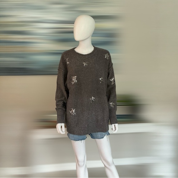PEACH LOVE CALIFORNIA ever so soft sequin star charcoal sweater sz S M L - Picture 7 of 8